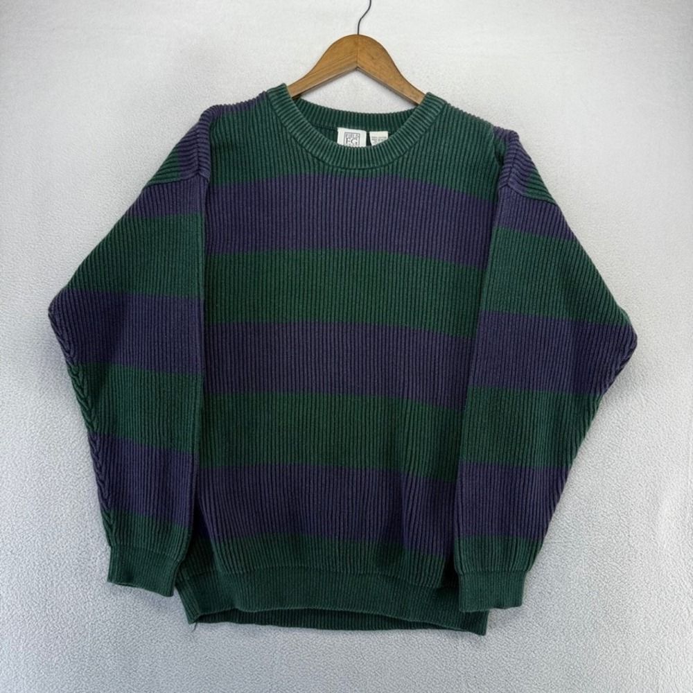 Vintage Field Gear Sweater Mens XL Green Blue Striped Ribbed Knit Fisherman 90s